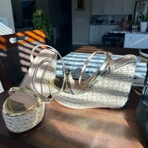 PrettyLittleThing Gold and Cream Wedge Heels